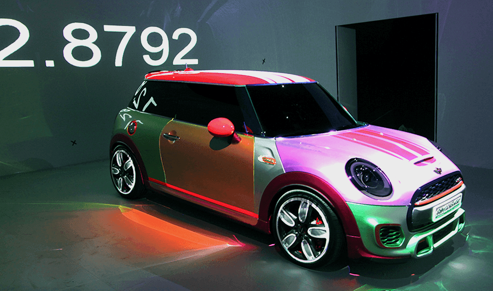 Mini with typography in the background